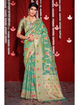 Sangam Prints - Green Organza Woven Zari Work Traditional Tassel Saree with Unstitched Blouse