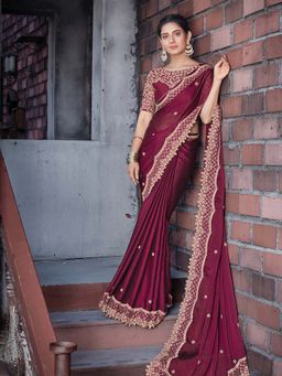 Odette - Maroon Colour Silk Georgette Embroidered Saree with Unstitched Blouse