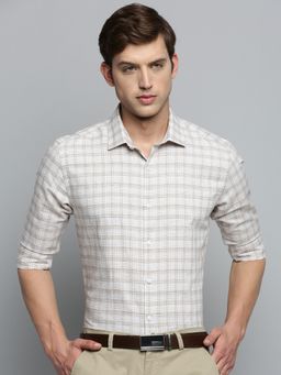 SHOWOFFFF - Men's Spread Collar Checked Off White Classic Shirt