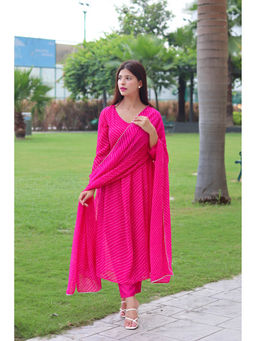 GAYRAA - Hot Pink Printed Flowy Anarkali Pant with Dupatta (Set of 3)