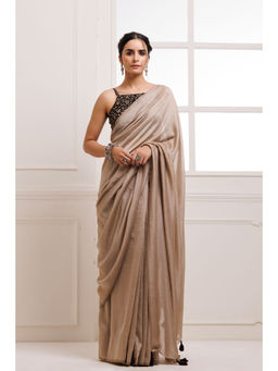 Geroo Jaipur - Taupe Solid Silk Saree with Stitched Blouse