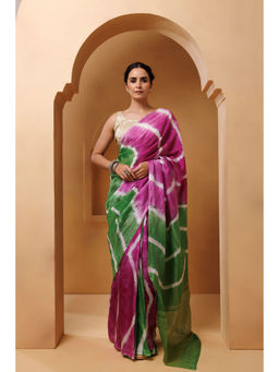 Geroo Jaipur - Pink Green Tabby Silk Hand Dyed Leheriya Saree with Unstitched Blouse