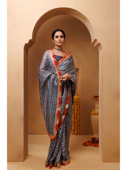 Geroo Jaipur - Grey Bandhani Pre-Stitched Silk Saree with Unstitched Blouse