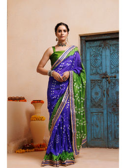 Geroo Jaipur - Blue Green Bandhani Pre-Stitched Silk Saree with Unstitched Blouse