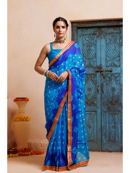 Geroo Jaipur - Blue Turquoise Blue Shibori Bandhani Pre-Stitched Silk Saree with Unstitched Blouse