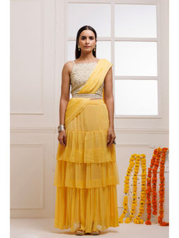 Geroo Jaipur - Yellow Pre-Stitched Chiffon Saree with Stitched Blouse