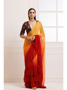 Geroo Jaipur - Orange Red Pleated Ombre Pre-Stitched Chiffon Saree with Unstitched Blouse