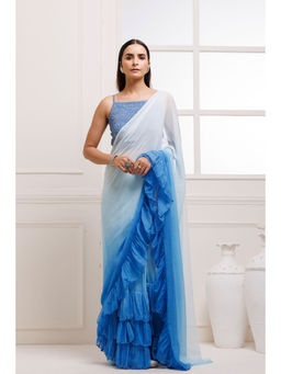 Geroo Jaipur - Blue Pleated Ombre Pre-Stitched Chiffon Saree with Stitched Blouse