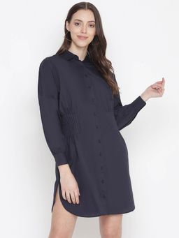 Oxolloxo - Stupefying Solid Navy Blue Button - Down Women Dress