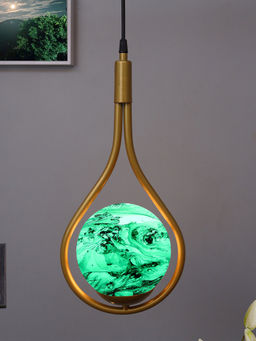Homesake - Metal Pendant Glass Golden Drop Planet Green