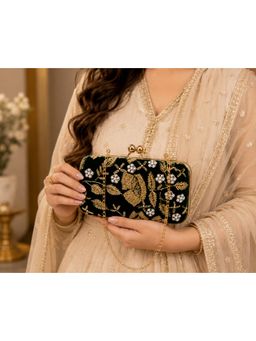 Fabbhue - Women's Green Hand Embroidered Clutch with Detachable Strap