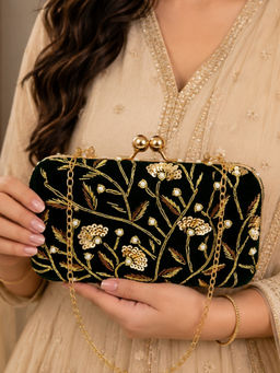 Fabbhue - Women's Green Hand Embroidered Clutch with Detachable Strap