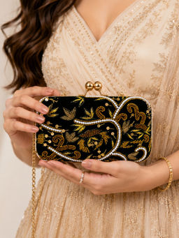Fabbhue - Women's Green Hand Embroidered Clutch with Detachable Strap