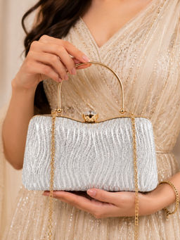 Fabbhue - Women's Silver Textured Clutch with Detachable Strap