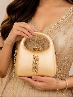 Fabbhue - Women's Gold Solid Clutch with Detachable Strap
