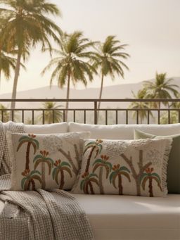 BELIHODE - Beige Botanique Palms Embroidered Pillow Covers (Pack of 2) (12 x 18 Inches)