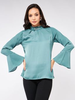 Pannkh - Womens Solid Pearl Neck Top