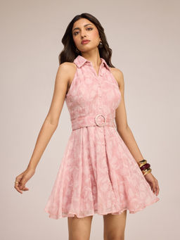 RSVP by Nykaa Fashion - Pink Textured Collared Neck Fit & Flare Mini Dress with Belt