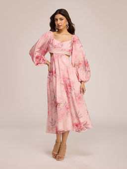 RSVP by Nykaa Fashion - Pink Floral Waist Cut Out Puff Sleeves Midi Dress