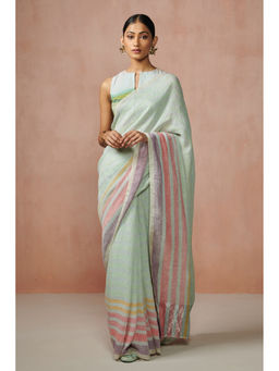 Dressfolk - Handwoven Mint Green Linen Saree without blouse