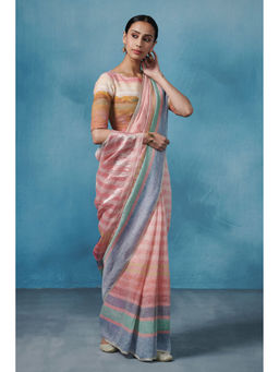 Dressfolk - Handwoven Light Pink Stripes Linen Saree Without blouse