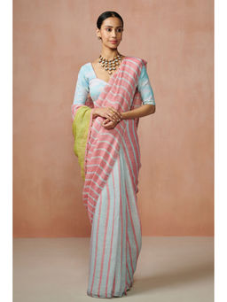 Dressfolk - Handwoven Aqua Blue Linen Saree without blouse