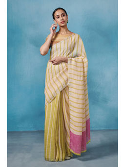 Dressfolk - Handwoven Yellow Stripes Linen Saree without blouse