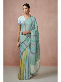 Dressfolk - Handwoven Blue Stripes Linen Saree without blouse