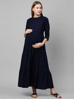 MomToBe - Women Navy Blue Solid Maternity Nursing Dress