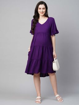 MomToBe - Bell Sleeves Maternity Purple Tiered Dress