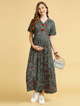 MomToBe - Paisley Printed Lapel Collar Maternity A-Line Dress