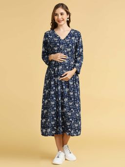 MomToBe - Floral Printed Maternity Midi Nursing Dress