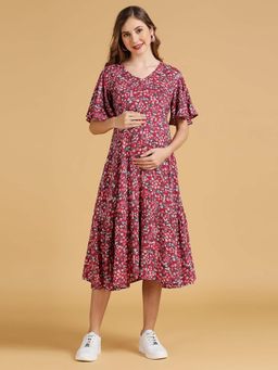 MomToBe - Flared Sleeves Floral Print Maternity Dress