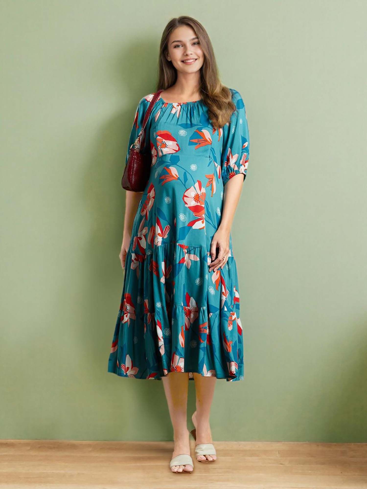 momtobe Floral Print Maternity A Line Midi Dress-picture-11