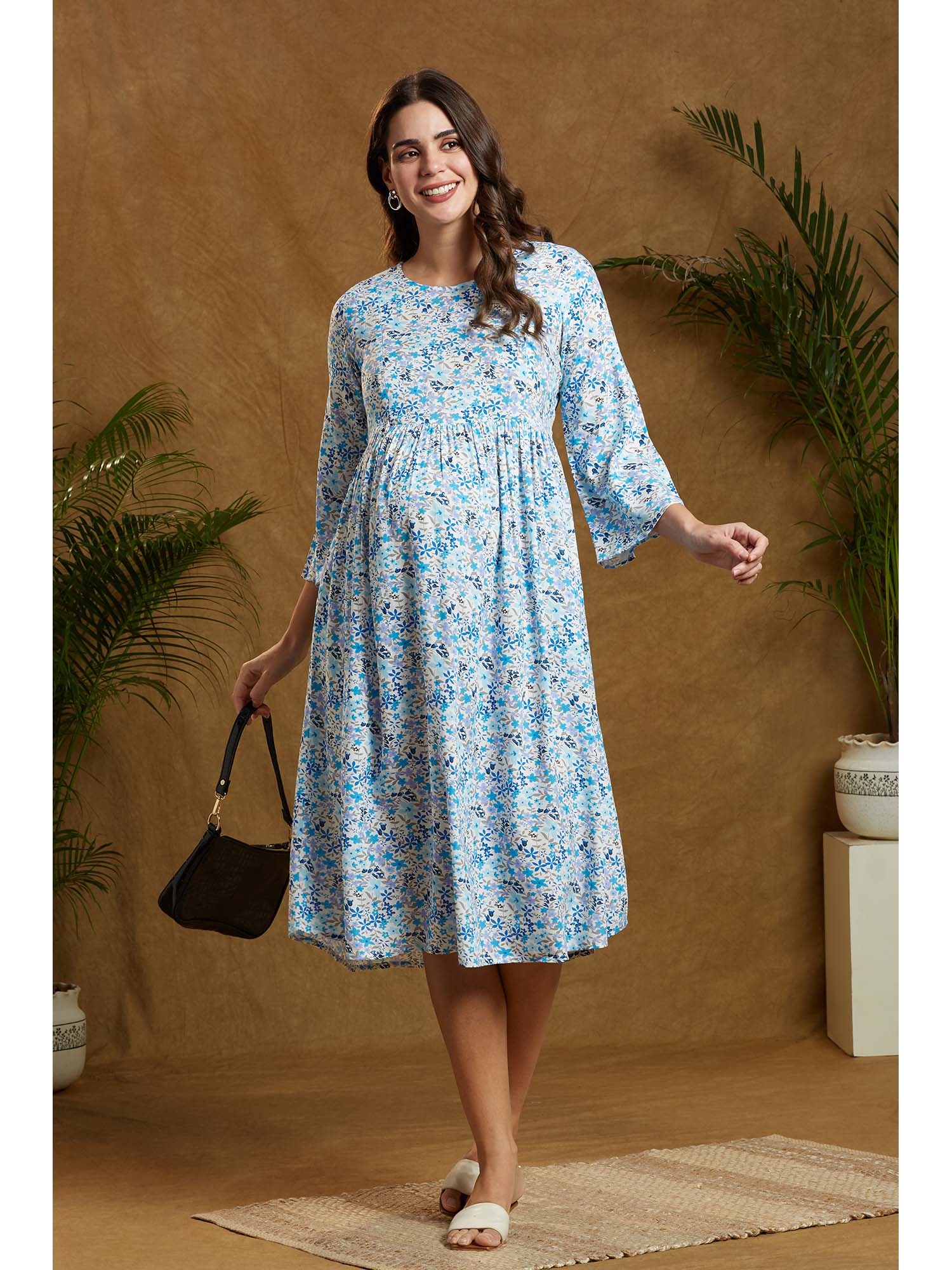 momtobe Floral Print Flared Sleeve Maternity Flared Midi Dress-picture-25