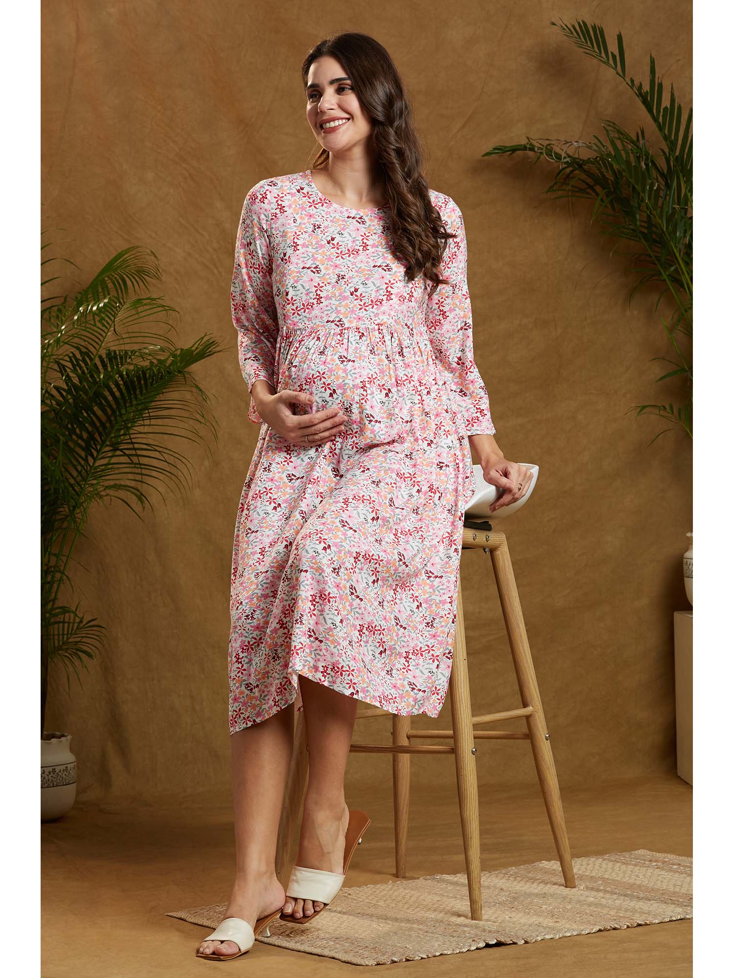 momtobe Floral Print Flared Sleeve Maternity Flared Midi Dress-picture-43