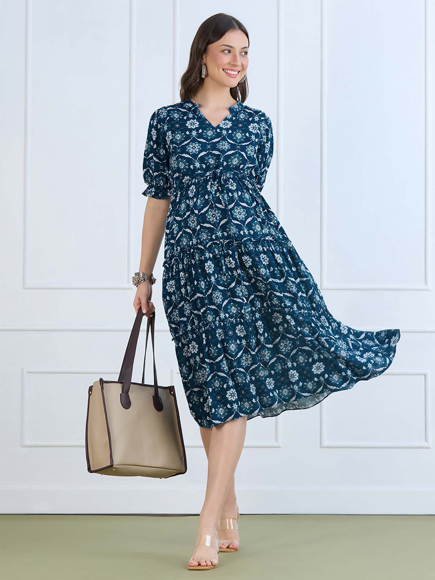 momtobe Ethnic Motifs Maternity Midi Nursing Dress-picture-38