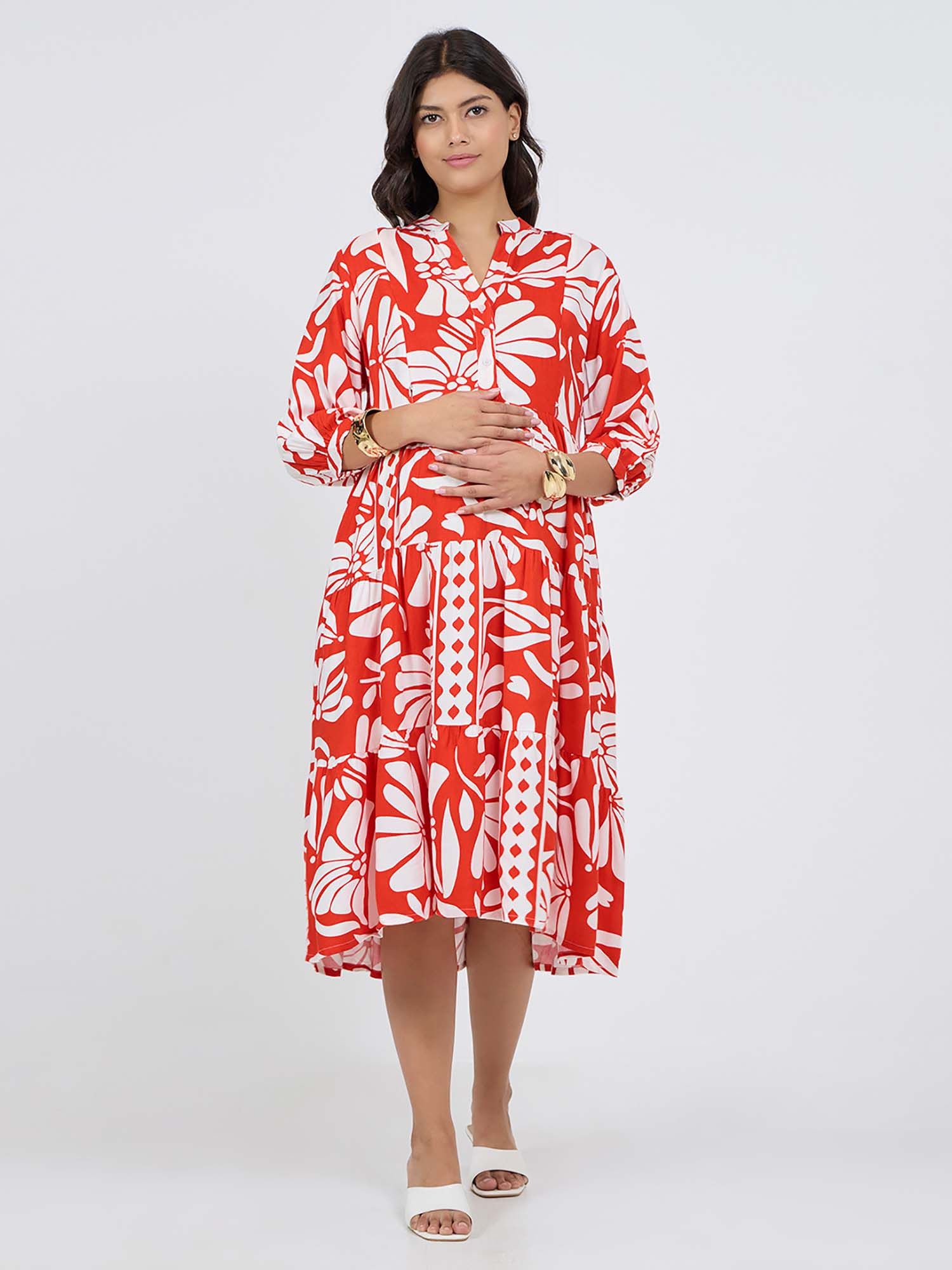 momtobe Floral Print Maternity Fit And Flare Midi Dress-picture-18