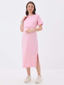 MomToBe - Striped Pink Maternity A-Line Midi Dress