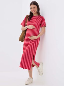 MomToBe - Striped Red Maternity A-Line Midi Dress