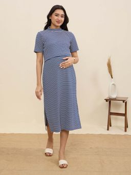 MomToBe - Striped Navy Maternity A-Line Midi Dress