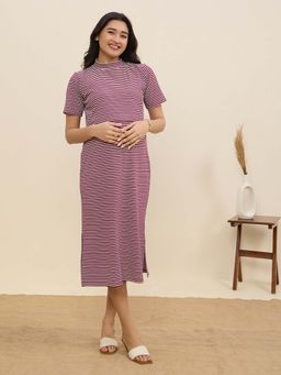 MomToBe - Striped Wine Maternity A-Line Midi Dress