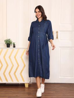 MomToBe - Women Cotton Denim Maternity A-Line Midi Dress