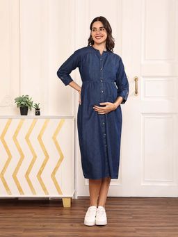 MomToBe - Women Cotton Dark Blue Maternity Denim Dress