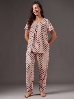 Clovia - Rayon Pretty Florals Feeding Top And Pyjama In Light Pink (Set of 2)