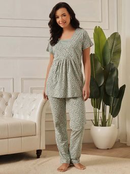 Clovia - Cotton Floral Print Feeding Top And Pyjama Set (Set of 2)