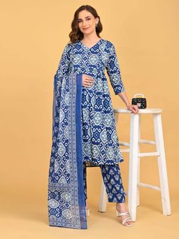 The Mom Store - Indigo Mode Maternity And Nursing Kurta & Pant With Dupatta (Set of 3)