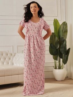 Clovia - 100% Cotton Floral Print Feeding Long Nighty