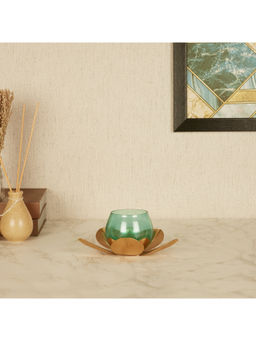 HomeTown - Nelumbra Glass and Iron Lotus Votive In Teal (Set of 2)