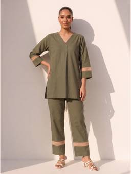 Gahan - Solid Cotton Slub Co-Ord Set - Green